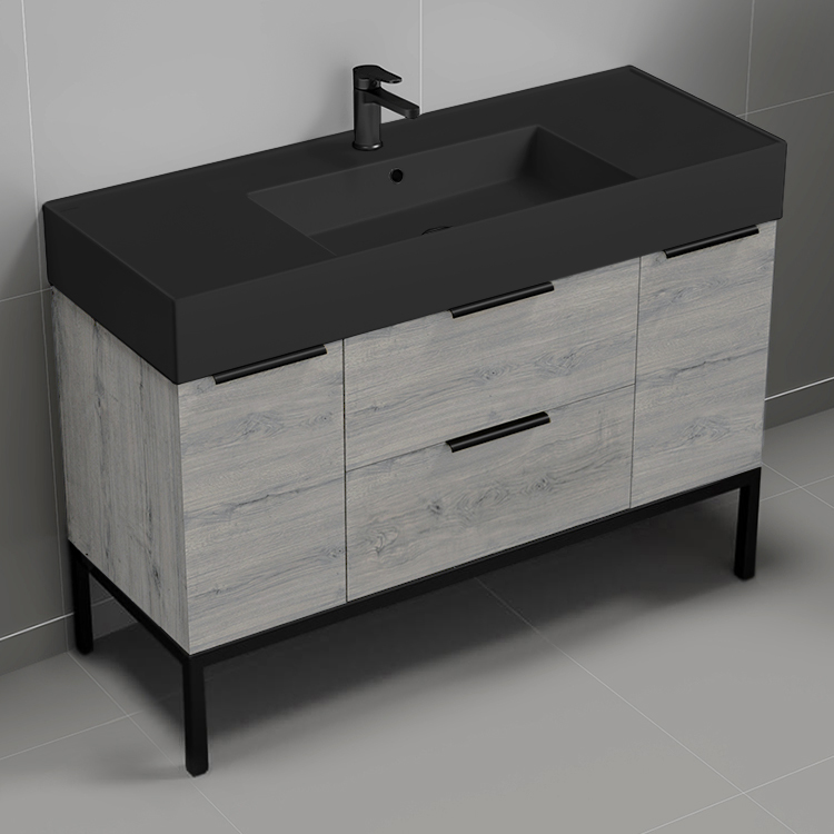 Nameeks DERIN661 Modern Bathroom Vanity With Black Sink, Floor Standing, 48 Inch, Grey Oak